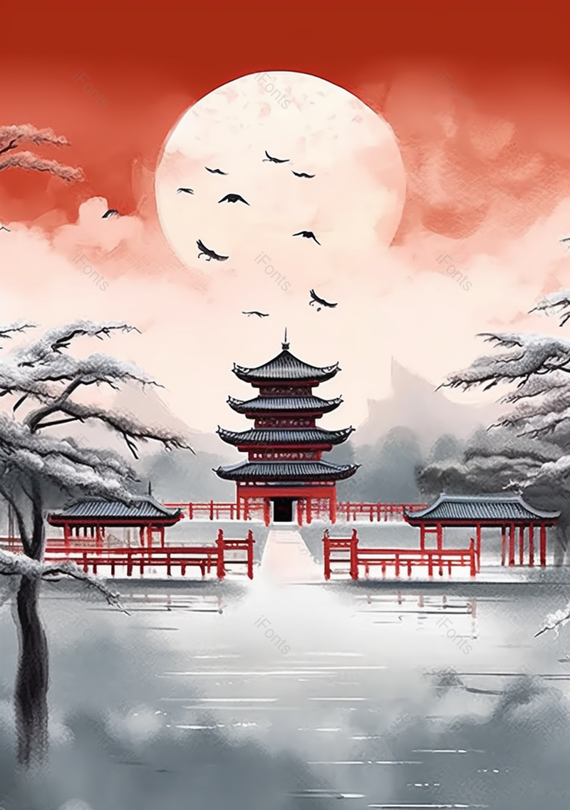 中国传统建筑雪景圆月风景插画,插画/手绘图,插画/手绘图库,插画/手绘图下载,插画/手绘